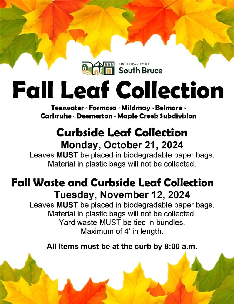 Fall Leaf Collection Monday, October 21 and Tuesday, November 12, 2024